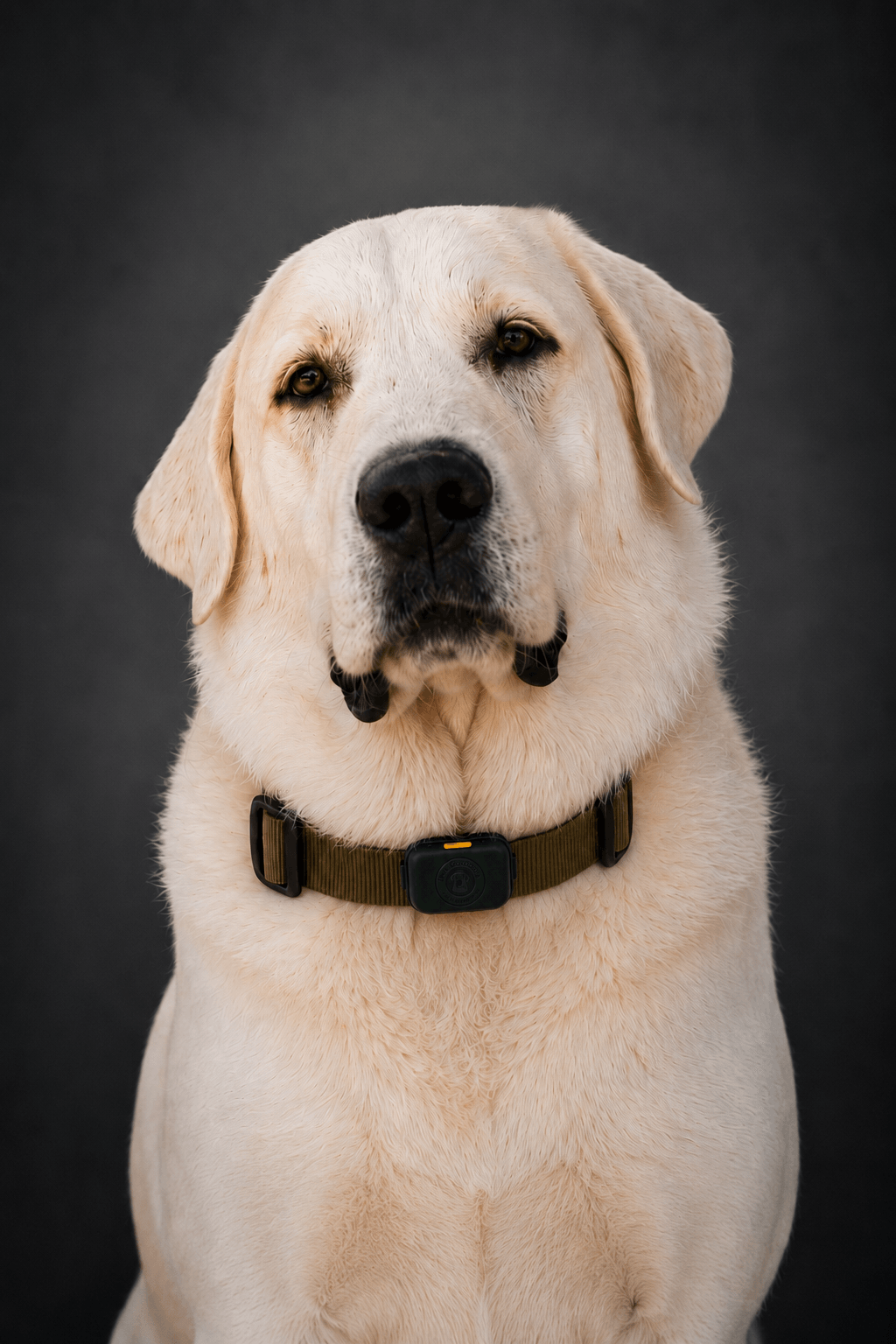 Labrador retriever with a black collar, facing forward, neutral expression, dark background