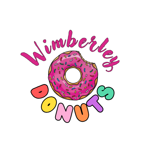 Colorful donut with pink icing and sprinkles, surrounded by the words