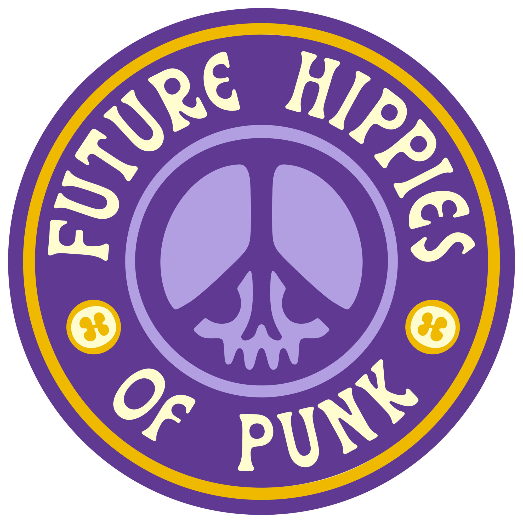Circular logo with purple peace sign skull in the center, surrounded by yellow and purple text and symbols, reading 'Future Hipies of Punk'.