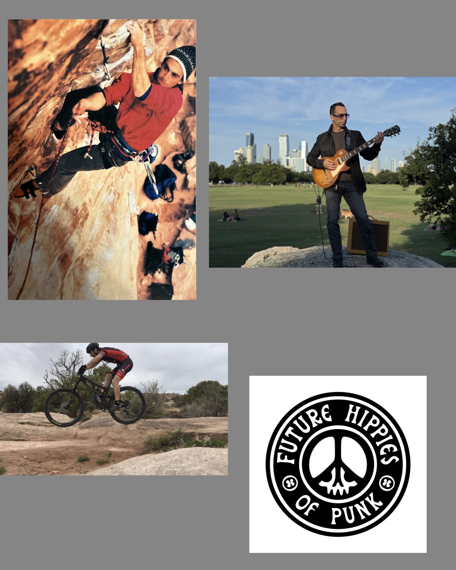 Climber on rock, person with guitar outdoors, cyclist jumping, Future Hippies of Punk logo.