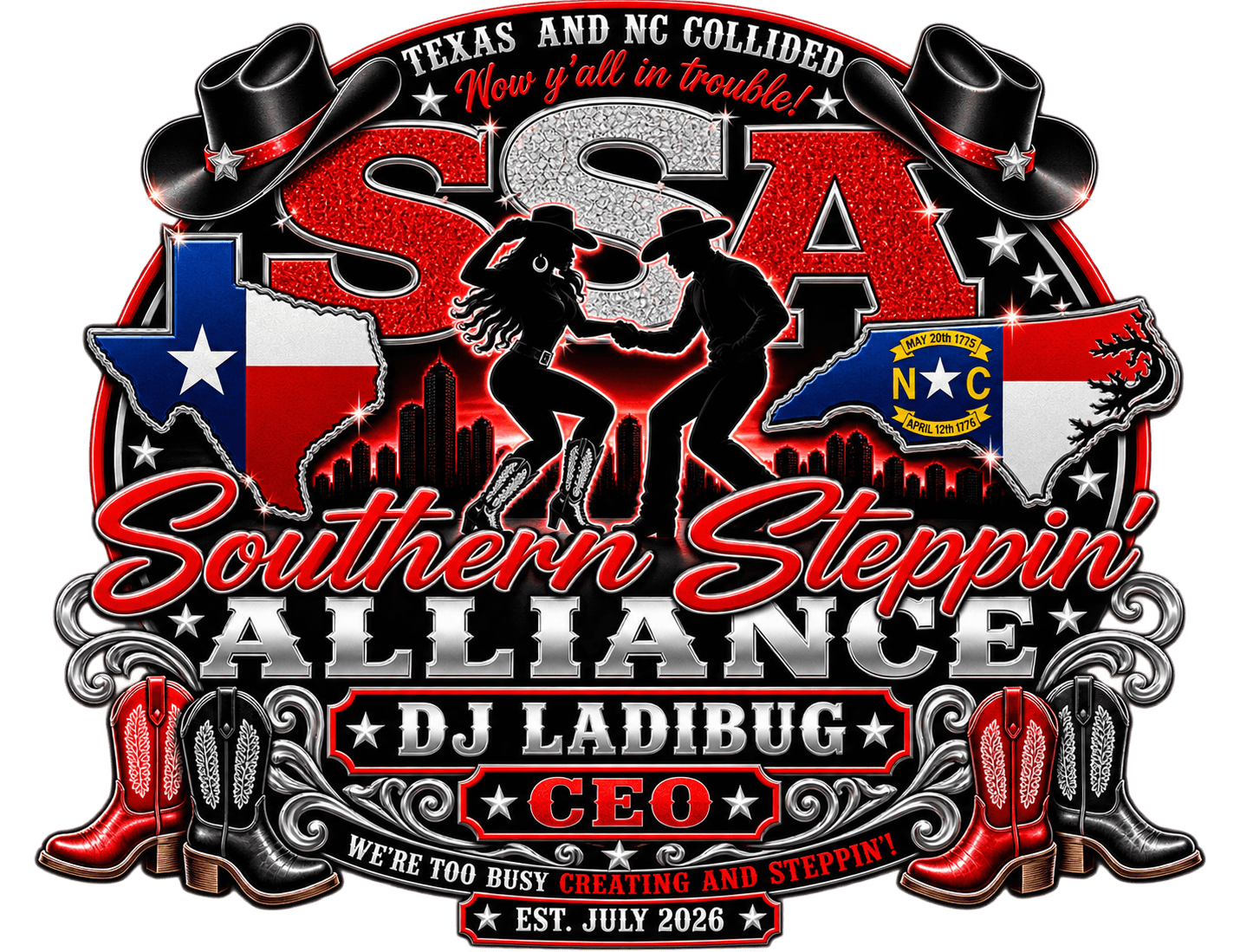 Design with silhouettes of dancers, Texas and North Carolina maps, and text about Southern Steppin' alliance, DJ Ladibug, and July 2026.