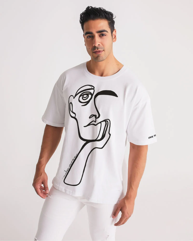 Man wearing a white T-shirt with a black abstract face design, standing against a plain white background.