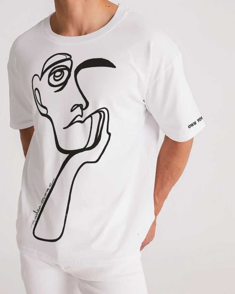 Person wearing a white T-shirt with a black abstract line drawing of a face and hand, standing against a plain background.