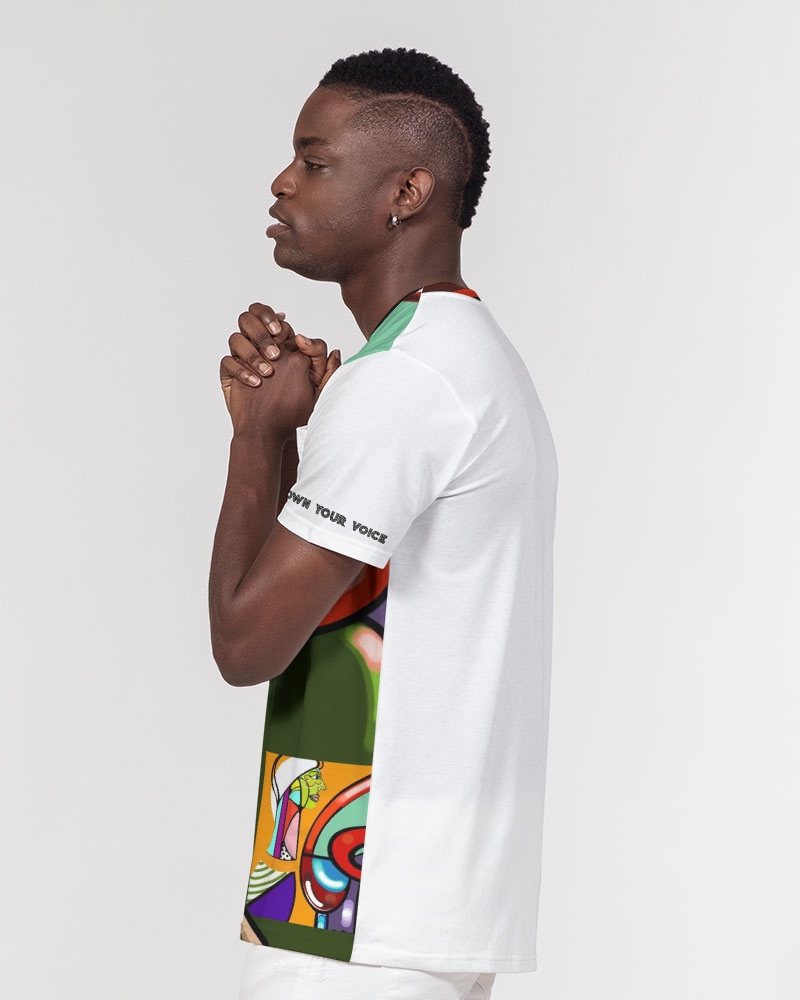 Side view of a person with hands clasped, wearing a white T-shirt with colorful graphic design on the side.