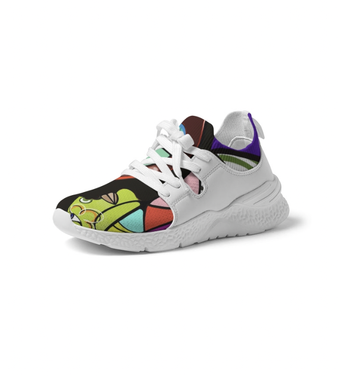 White sneaker with colorful abstract design on the toe area, purple and green accents, and a white sole.