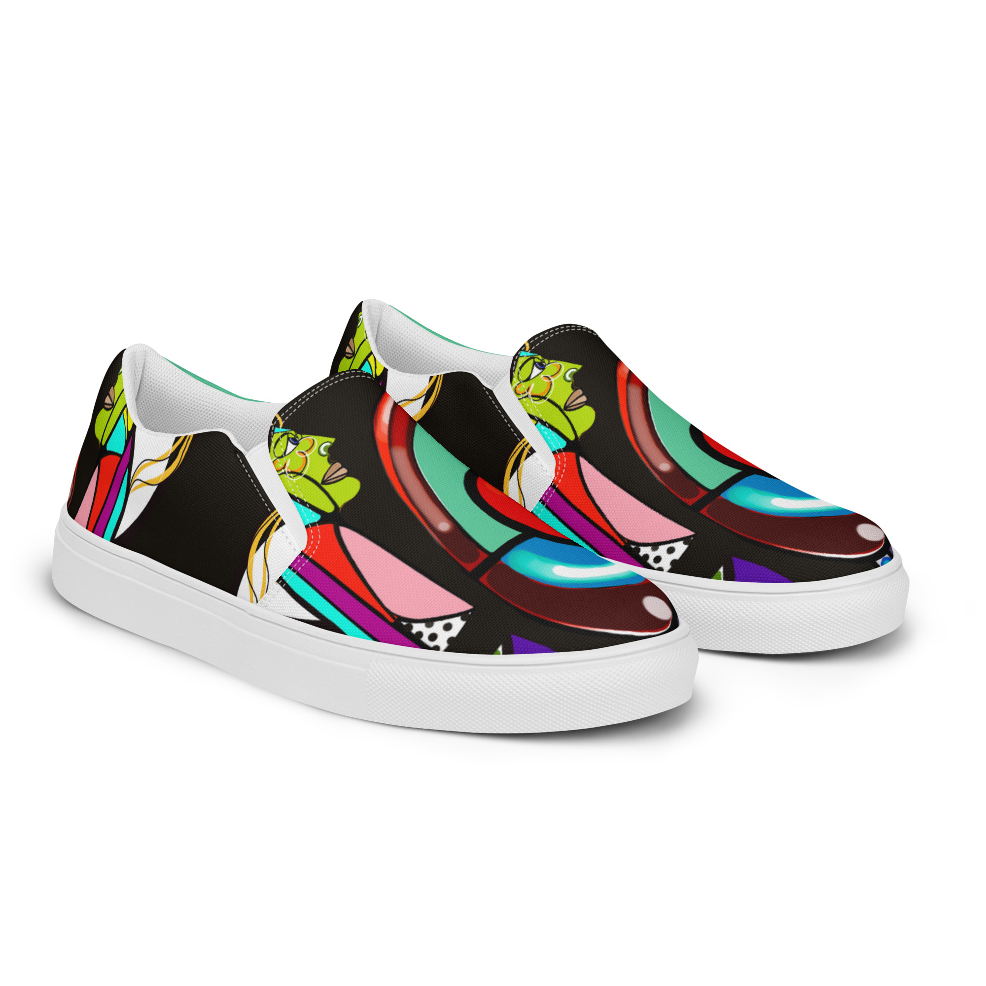 Colorful sneakers with abstract patterns and a white sole, viewed from a slight angle. Word count: 20.