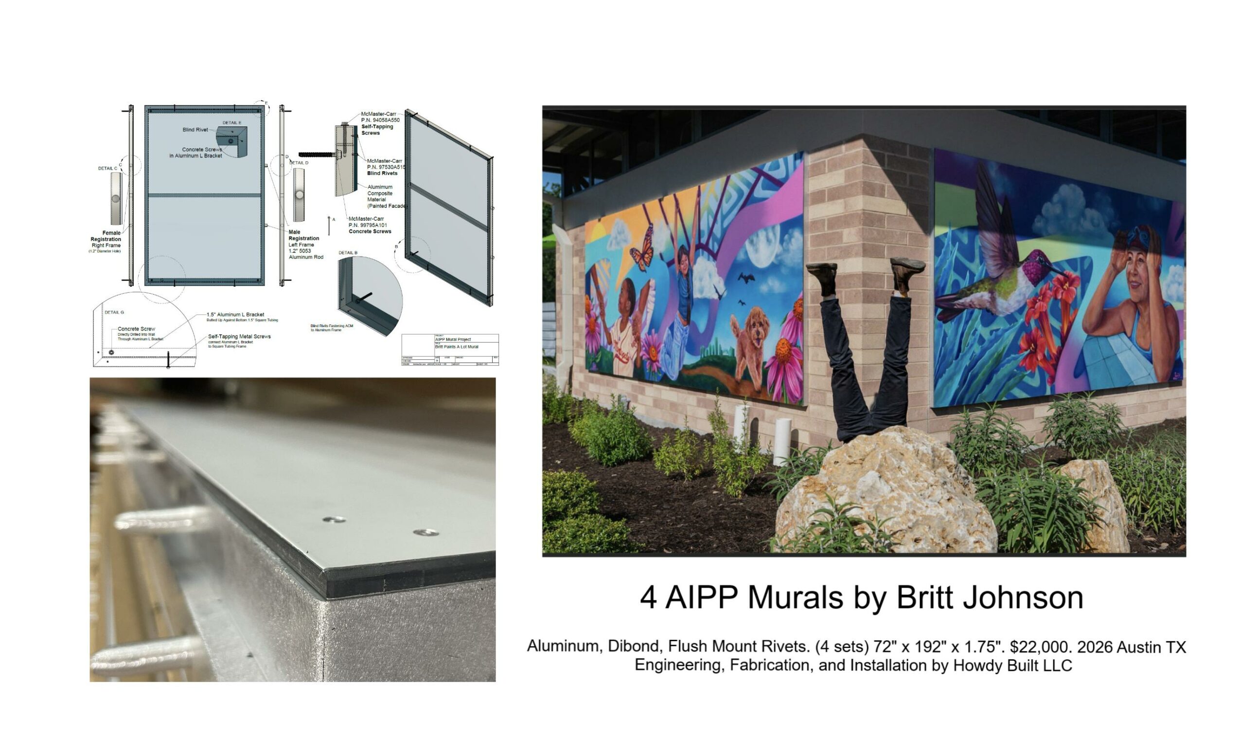Diagram of a mural printing process, photo of colorful murals on a building, and a close-up of a printing machine.