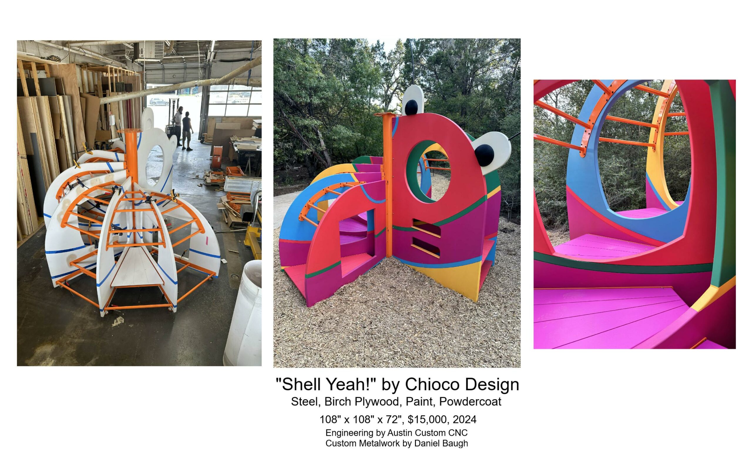 Colorful playground structure with curved slides and climbing elements, outdoors with trees in the background.