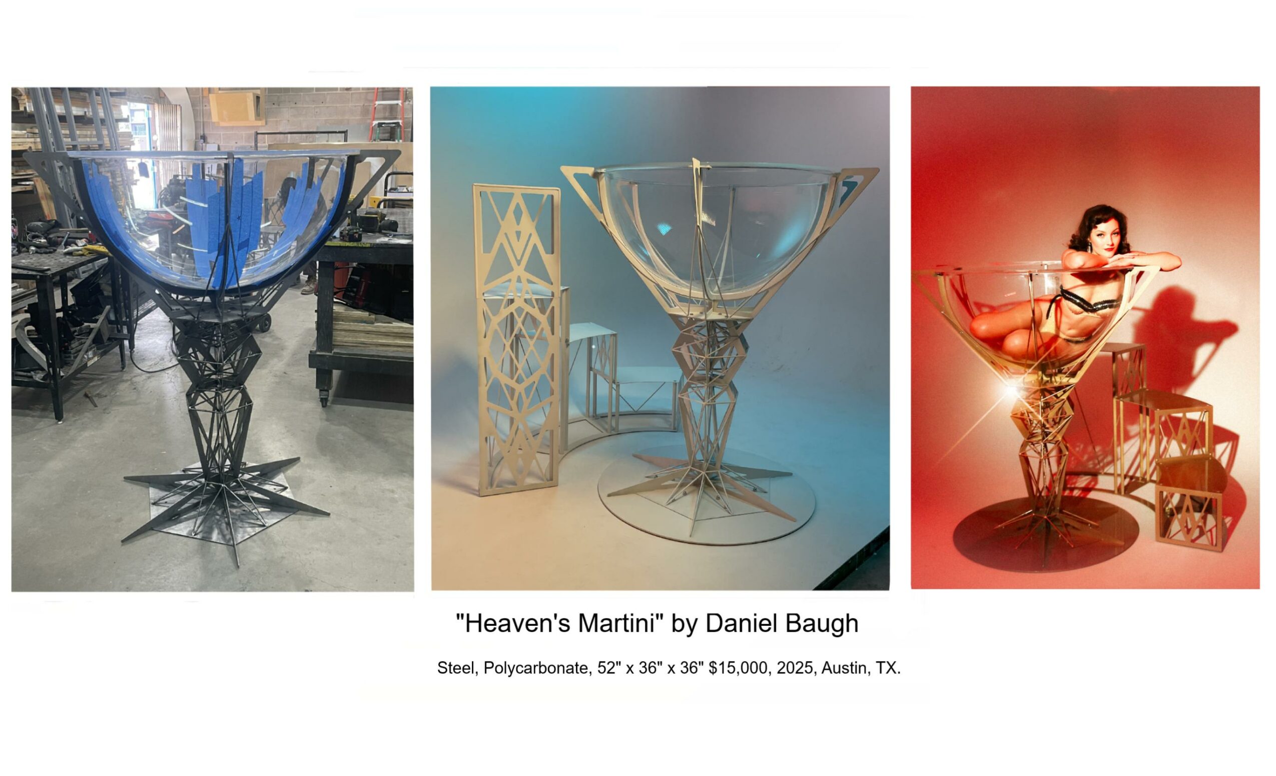 Three art sculptures resembling martini glasses with different designs and backgrounds.