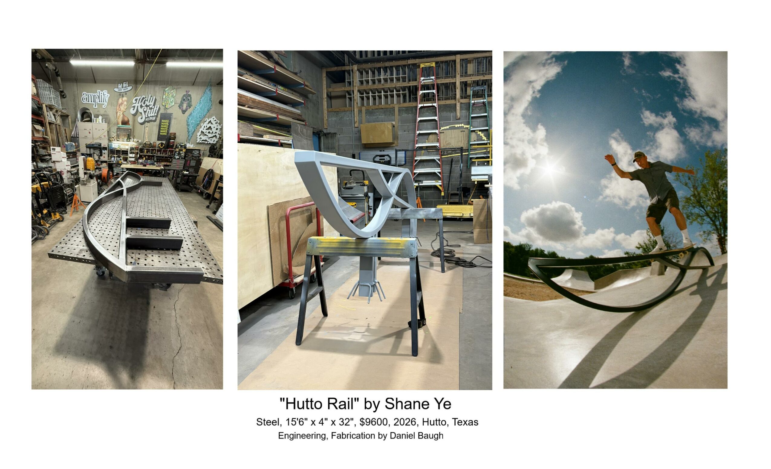 Three images: a classroom with a model train, a workshop with chairs and a ladder, a person skateboarding outdoors under a cloudy sky.