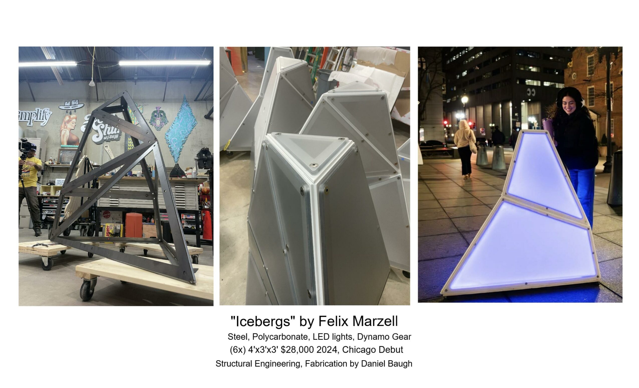 Three images of icebergs made from metal and illuminated, displayed indoors and outdoors with people nearby.