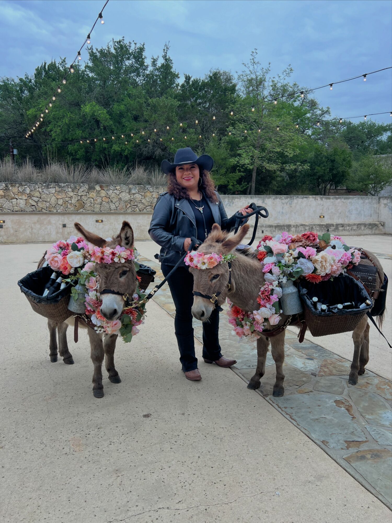 Person standing outdoors with three decorated donkeys, flowers, and trees in background.