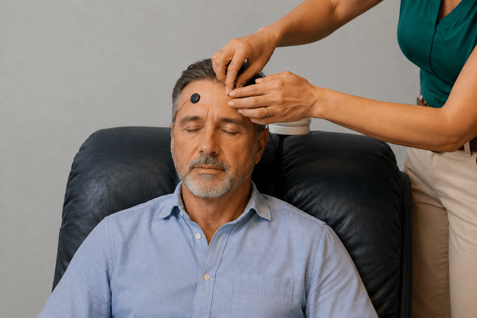 A person receives a facial treatment while seated in a black chair, with a practitioner applying a product on their forehead.