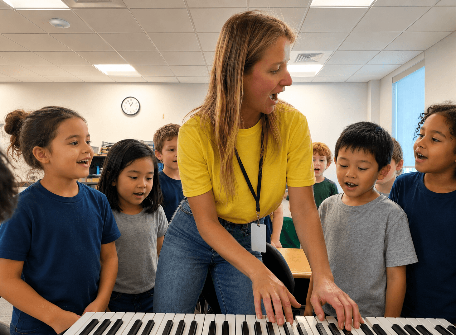 Teacher playing keyboard with children in classroom, smiling and engaging, bright room with window and clock, diverse group of kids.