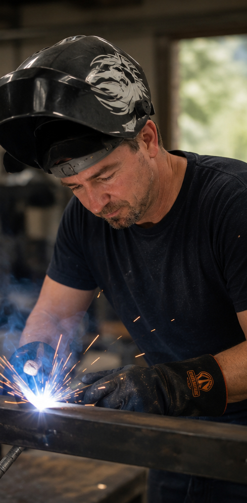 Man welding with protective helmet, sparks flying, indoors with natural light, focused on work, wearing dark clothing.