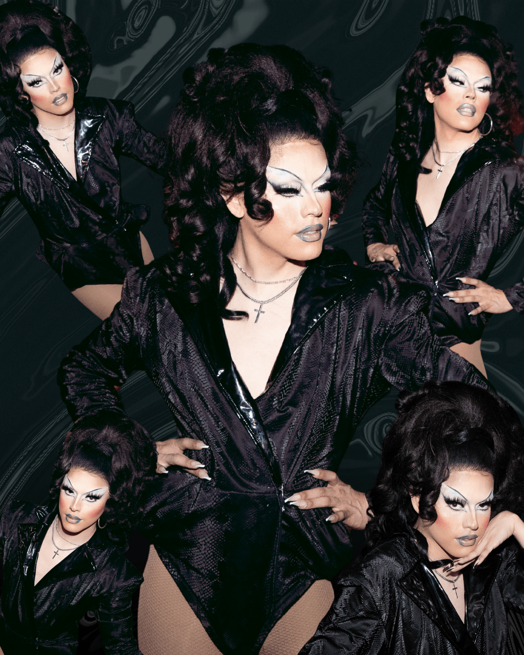 Four women with dramatic makeup and styled hair pose in black outfits against a dark background.