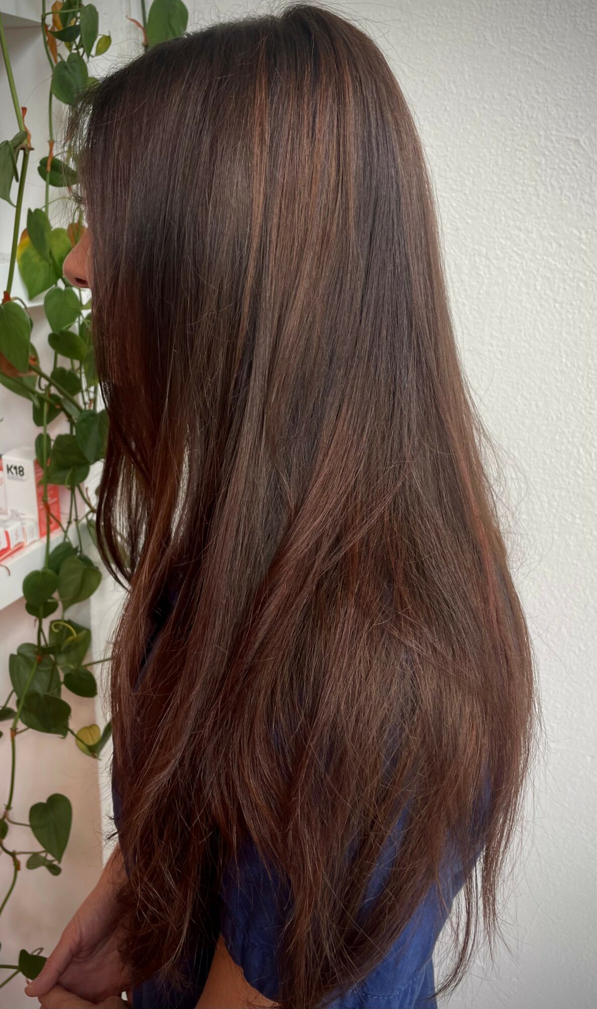 Side view of a woman with long, straight, brown hair against a white wall with green plant leaves.