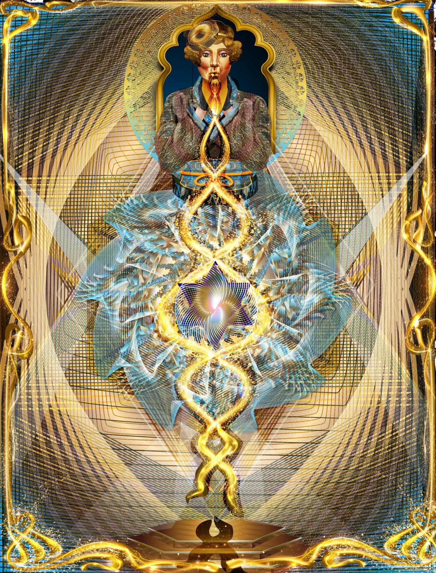 A mystical figure with hands in prayer, surrounded by intricate golden patterns and luminous energy, in a vibrant, detailed scene.
