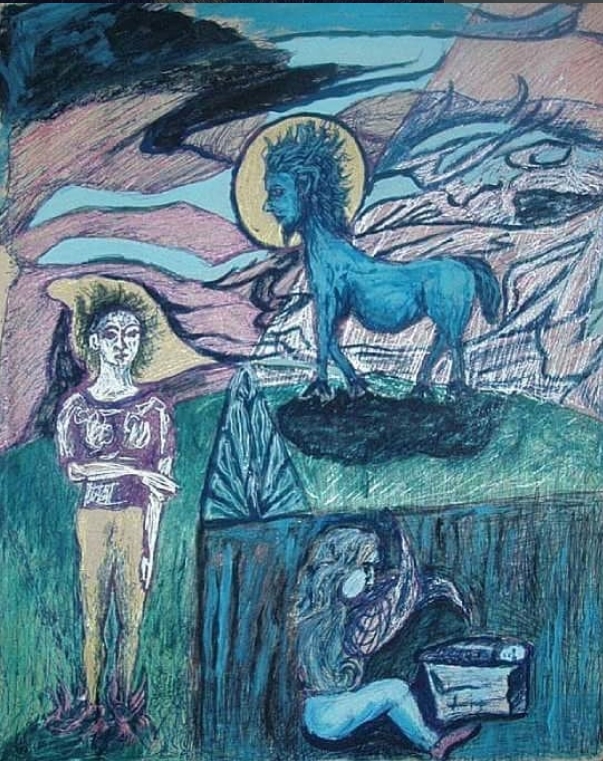 A person with glasses and crossed arms stands next to a blue unicorn on a hill, with a yellow halo and colorful sky.