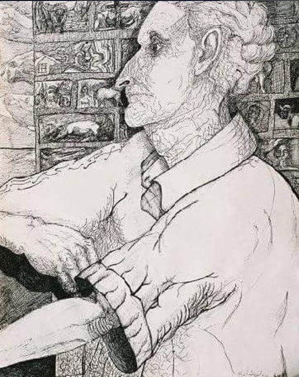Sketch of a person with curly hair, wearing a collared shirt, sitting with arms crossed, background filled with small images or objects.