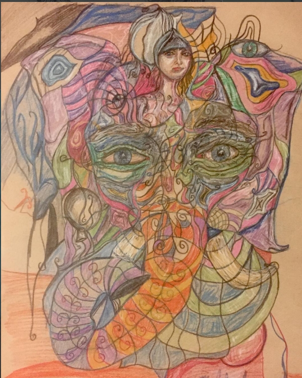 A colorful abstract drawing of a face with a woman’s head on top, blending with various shapes and patterns.