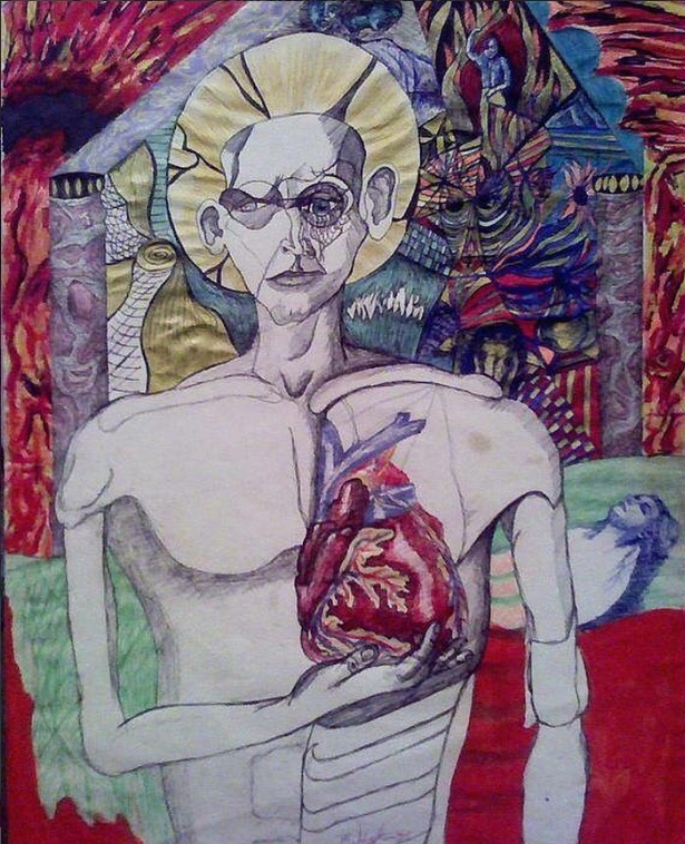 A surreal painting of a person with a heart, glasses, and a halo, holding a heart-shaped object, with colorful abstract background.