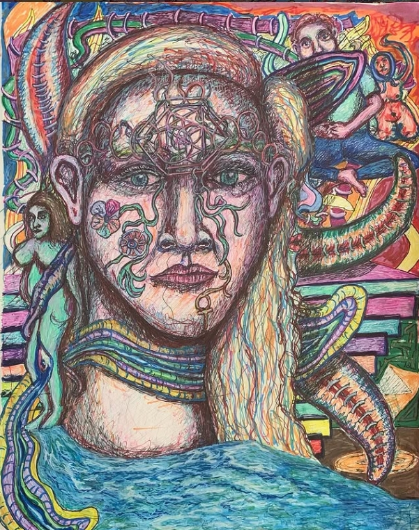A colorful, surreal portrait of a person with intricate patterns, snakes, and abstract elements surrounding their face and hair.