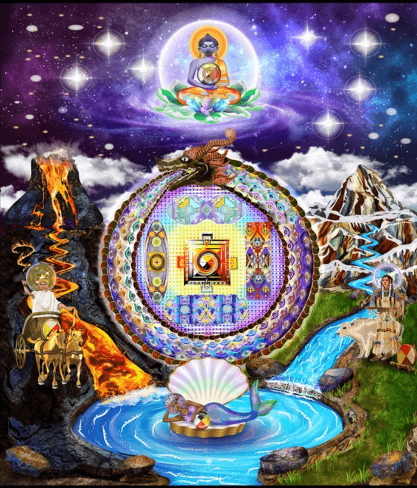 Colorful spiritual scene with a central mandala, a seated deity above, and natural elements like mountains, water, and animals.