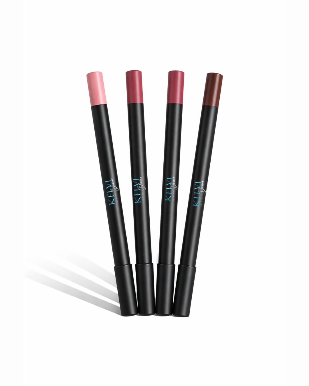 Four lip crayons with black bodies and pink to brown shades, standing upright on a white background.