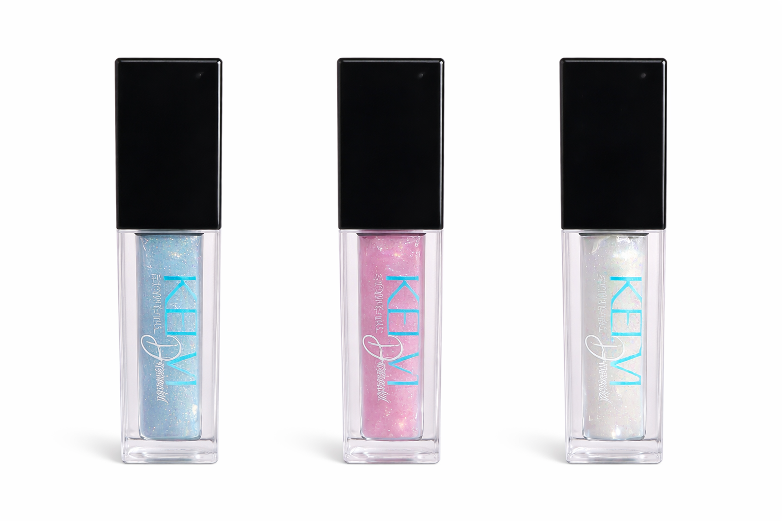 Three lip gloss bottles with black caps and pastel-colored gloss inside, arranged in a row, on a white background.