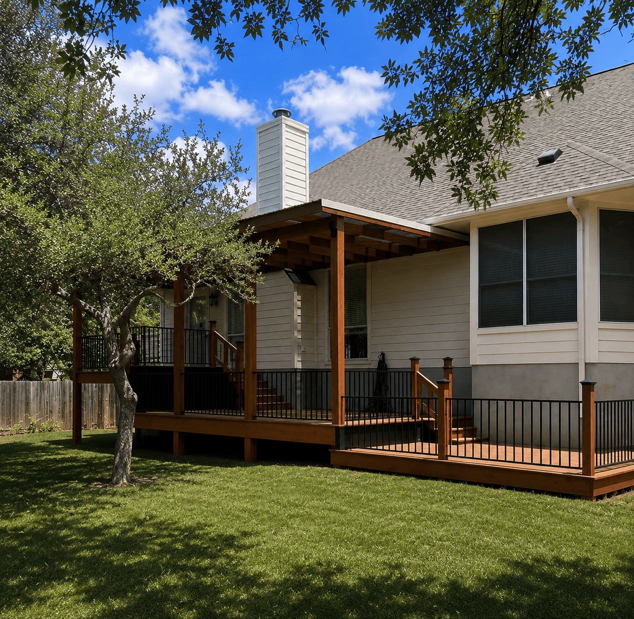 Backyard deck with railing, attached to a house with large windows, surrounded by trees and grass.