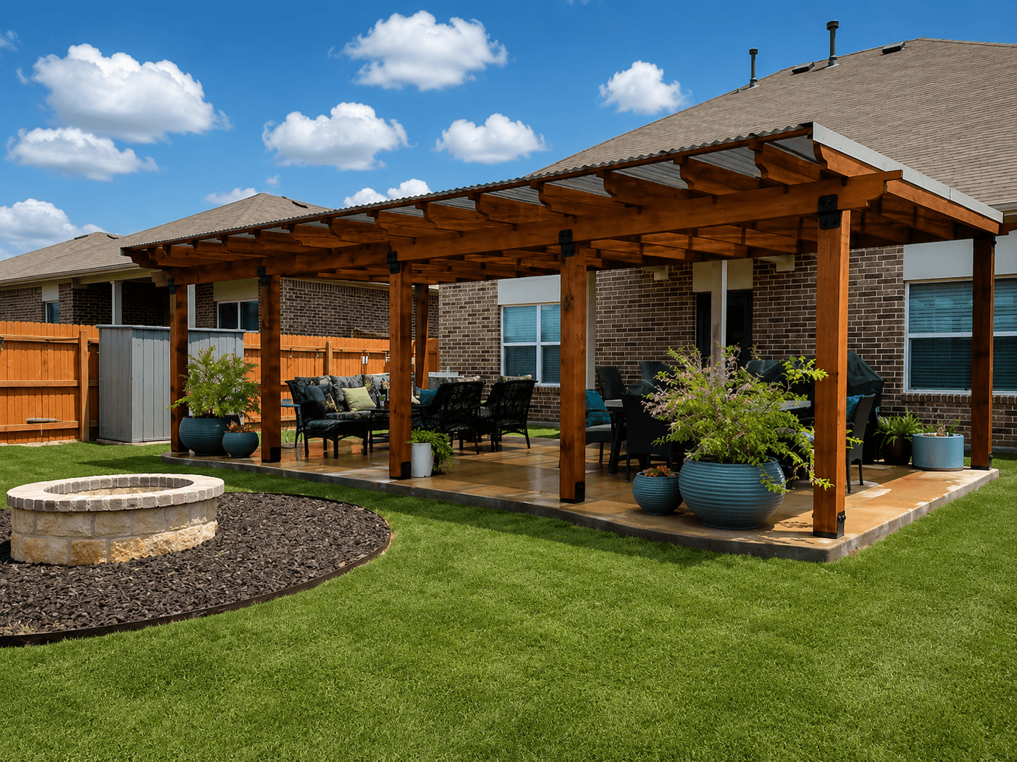 Backyard patio with wooden pergola, outdoor furniture, potted plants, and a grassy lawn under a blue sky.