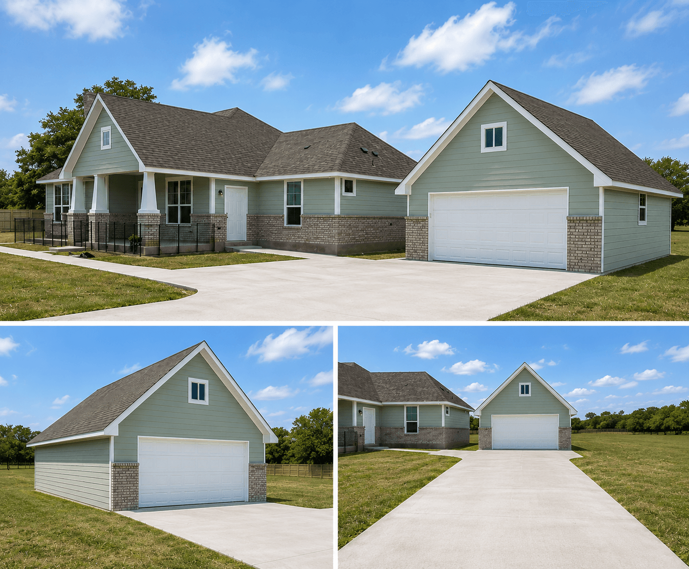 Single-story house with attached garage, light green exterior, and a driveway, under a blue sky with clouds.