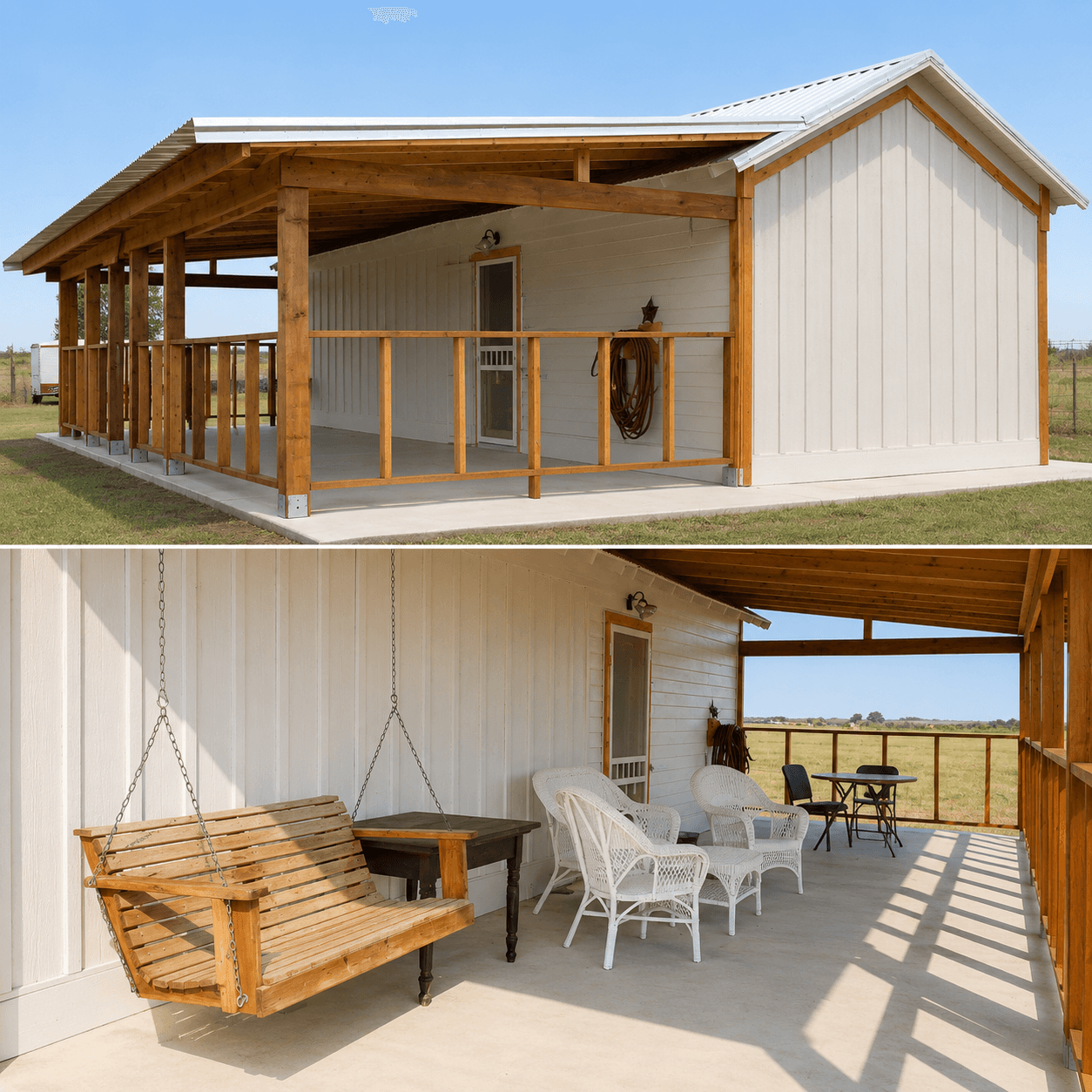 Covered porch with wooden swing, white chairs, and a small table, overlooking a grassy field under a clear sky.
