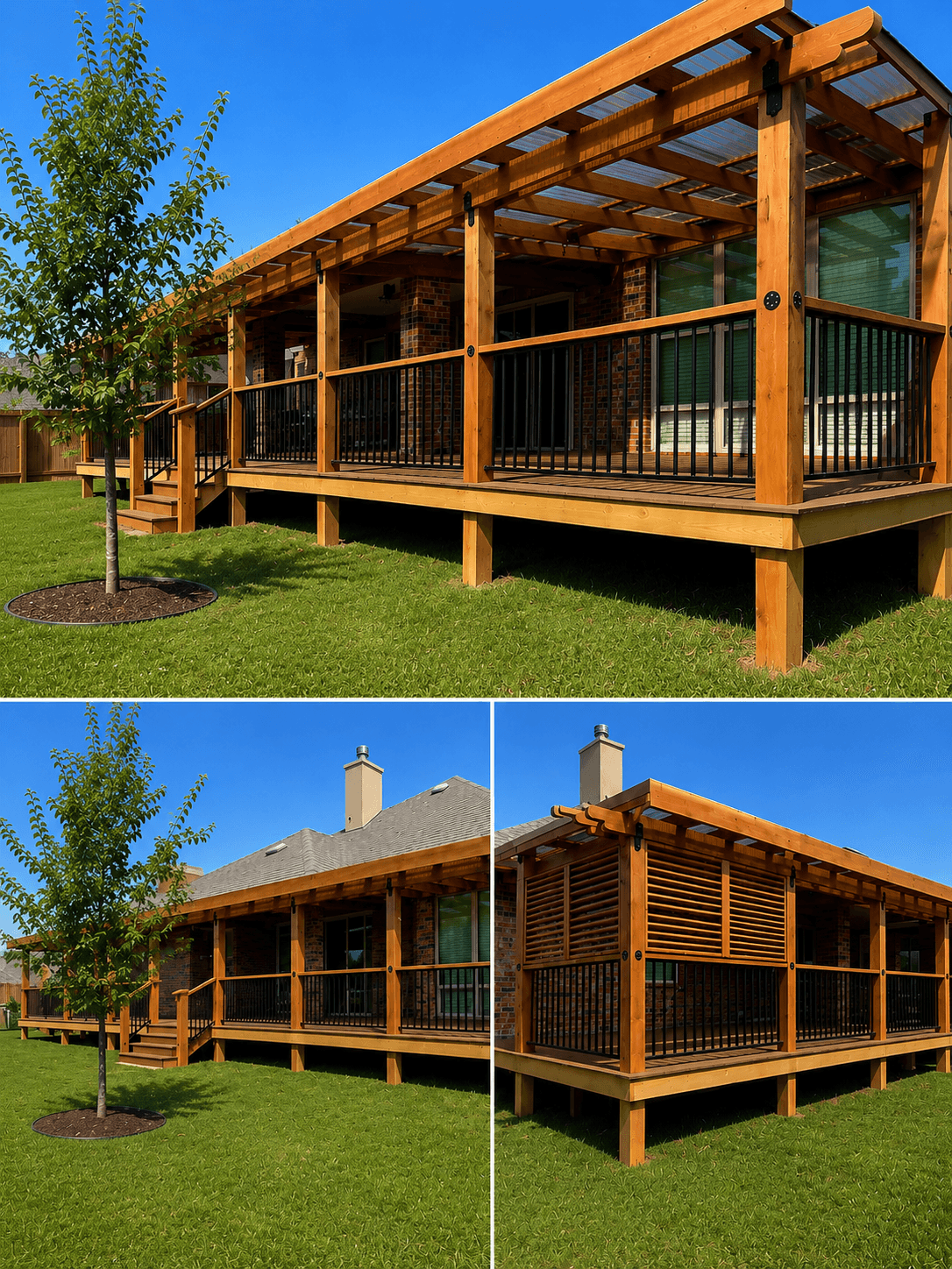 Three views of a wooden deck with railing, elevated above grass, with a house and chimney in the background, under a blue sky.