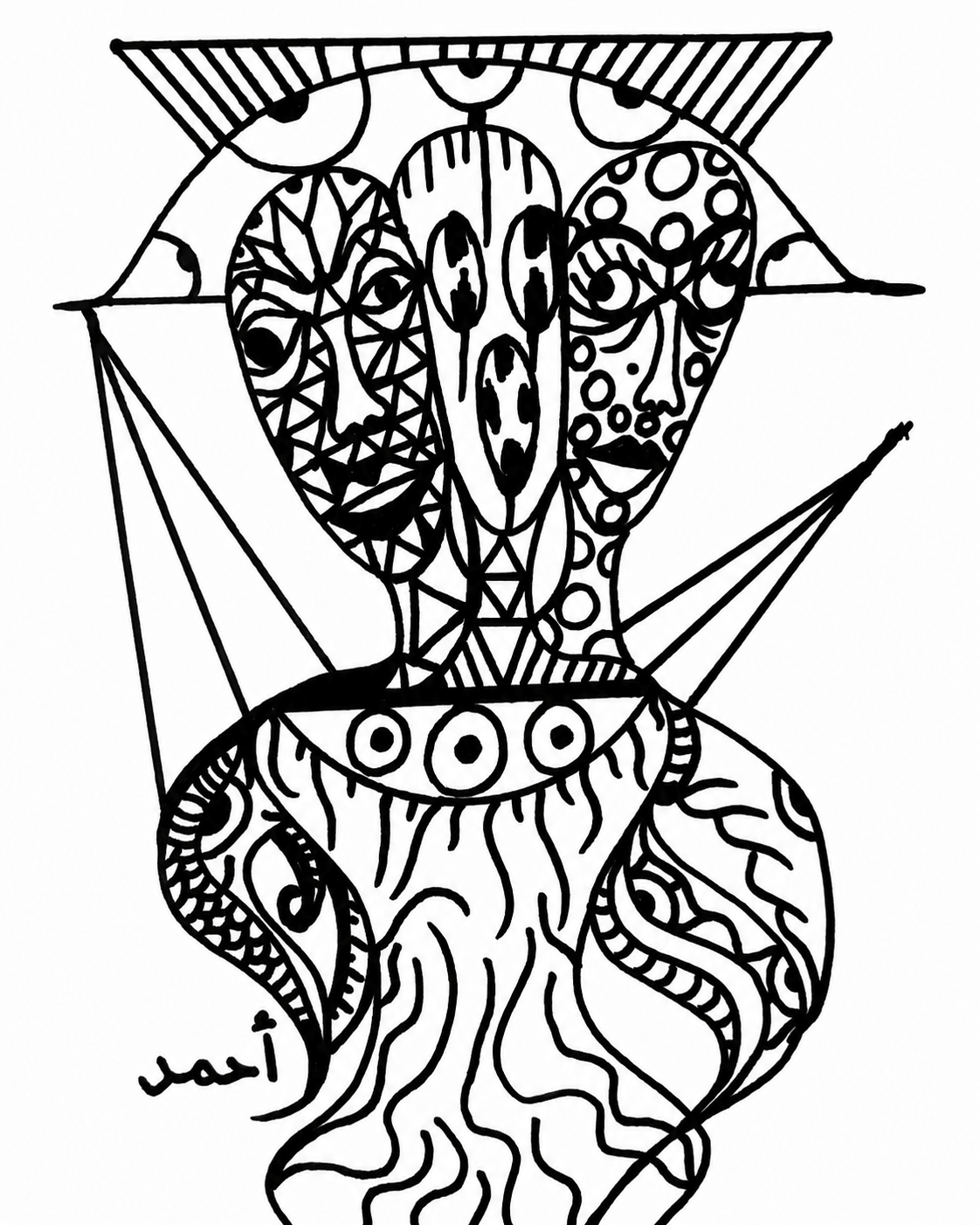 Abstract black and white drawing of a face with intricate patterns and shapes, including eyes, lines, and geometric elements.