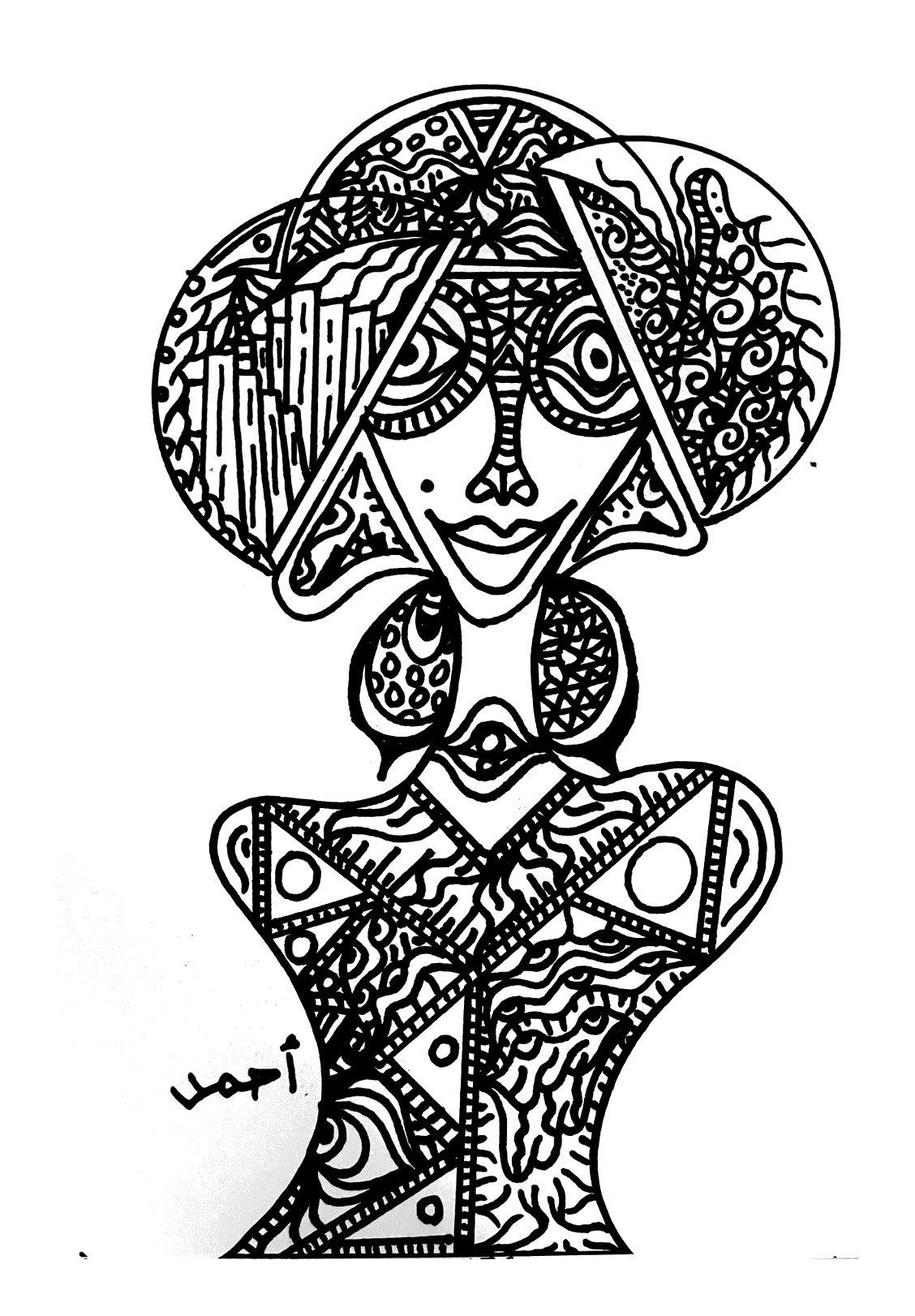 Intricate black and white line drawing of a woman with detailed patterns in her hair and clothing.