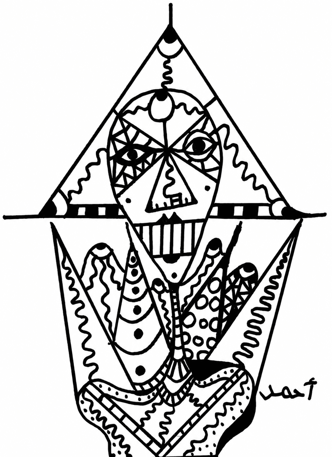 Abstract geometric drawing of a face with various patterns and shapes, enclosed in a diamond shape, with a signature at the bottom right.