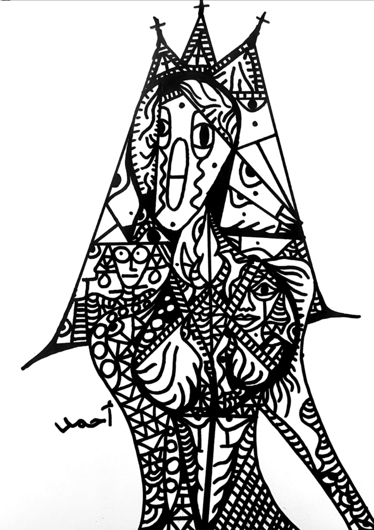 Black and white abstract drawing of a person with a crown, intricate patterns, and geometric shapes.