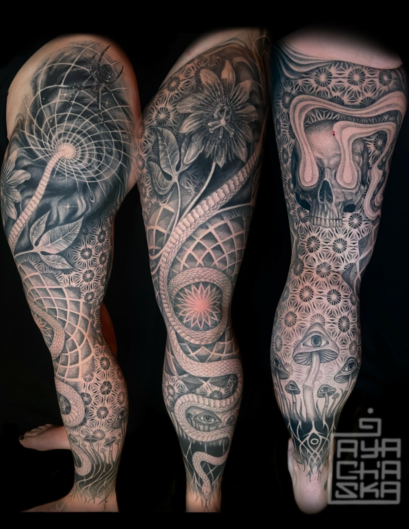Close-up of three tattooed arms with intricate geometric, floral, and abstract designs. The tattoos cover the entire arms and forearms.