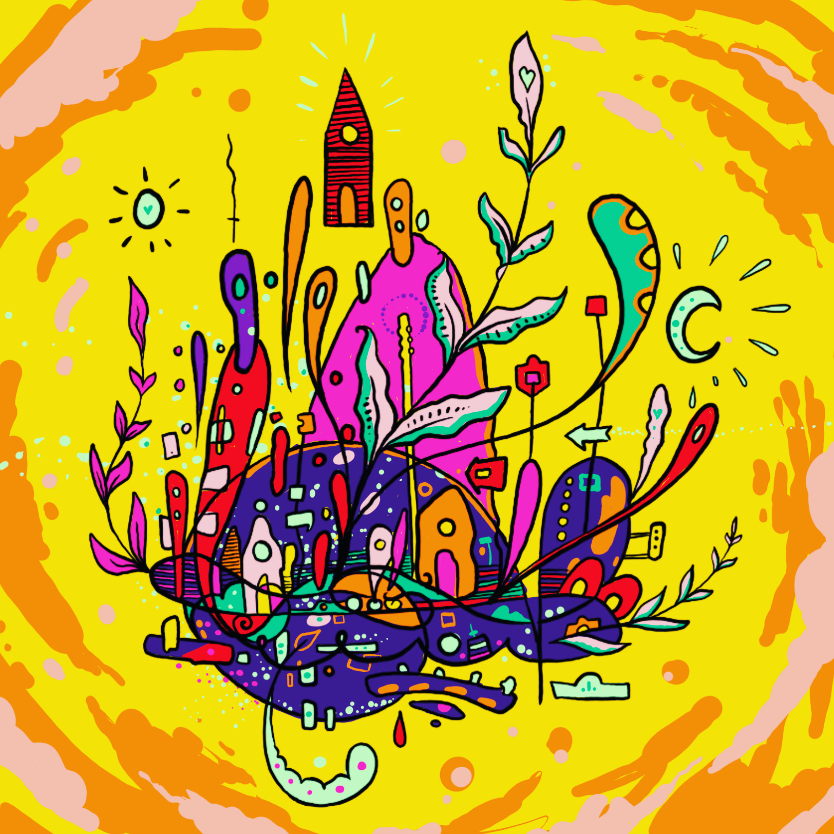 Colorful abstract cityscape with plants, buildings, and celestial symbols on a yellow background.