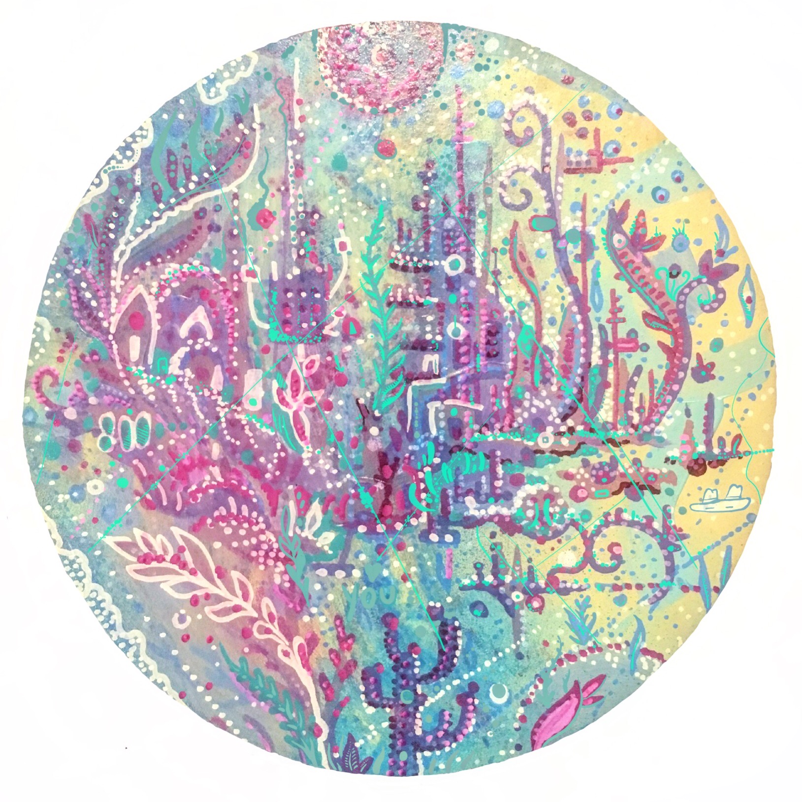 Colorful abstract underwater scene with coral, plants, and sea creatures in pastel shades.