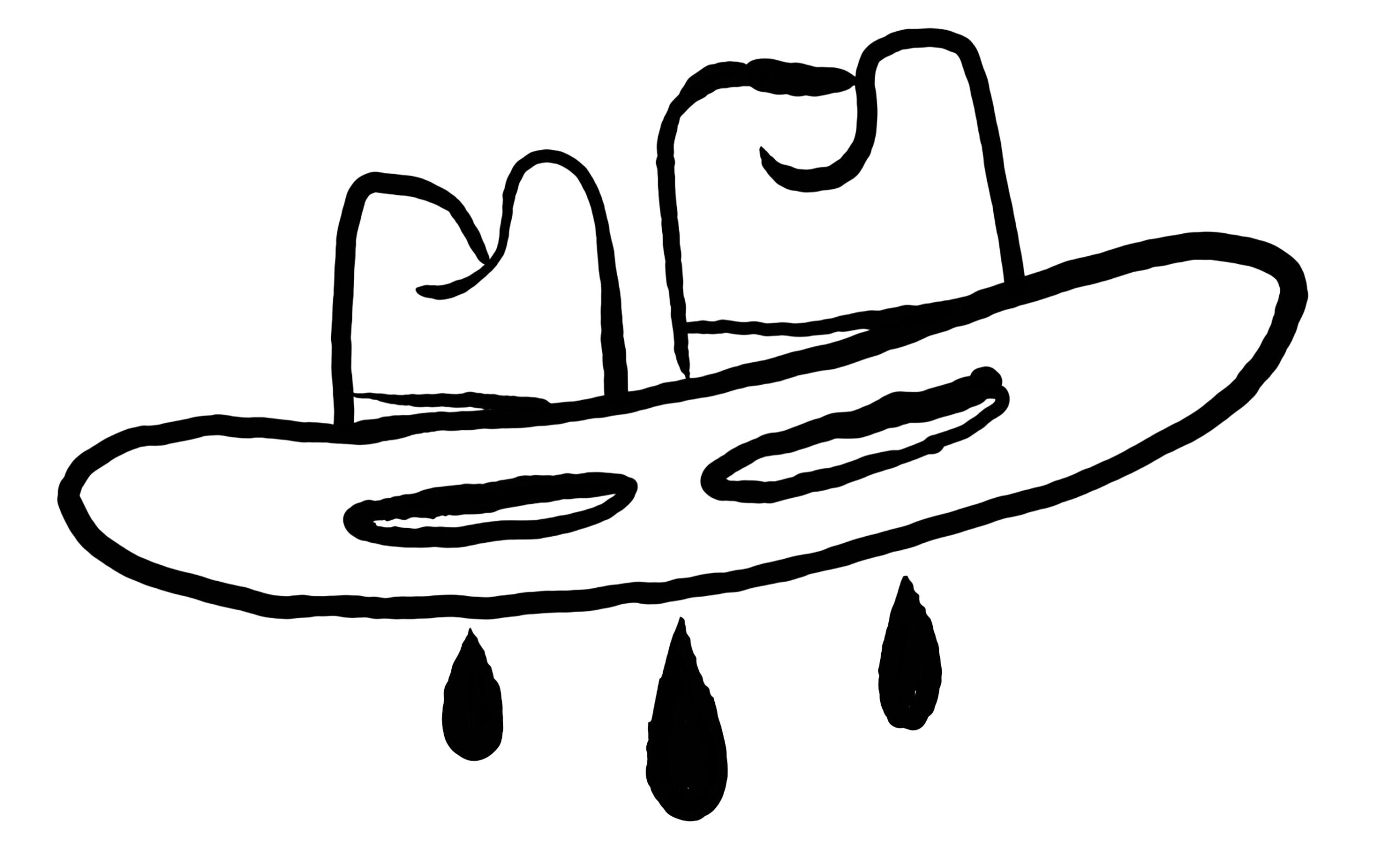 Simple black line drawing of a hat with two candles and three drops hanging from it, on a white background.