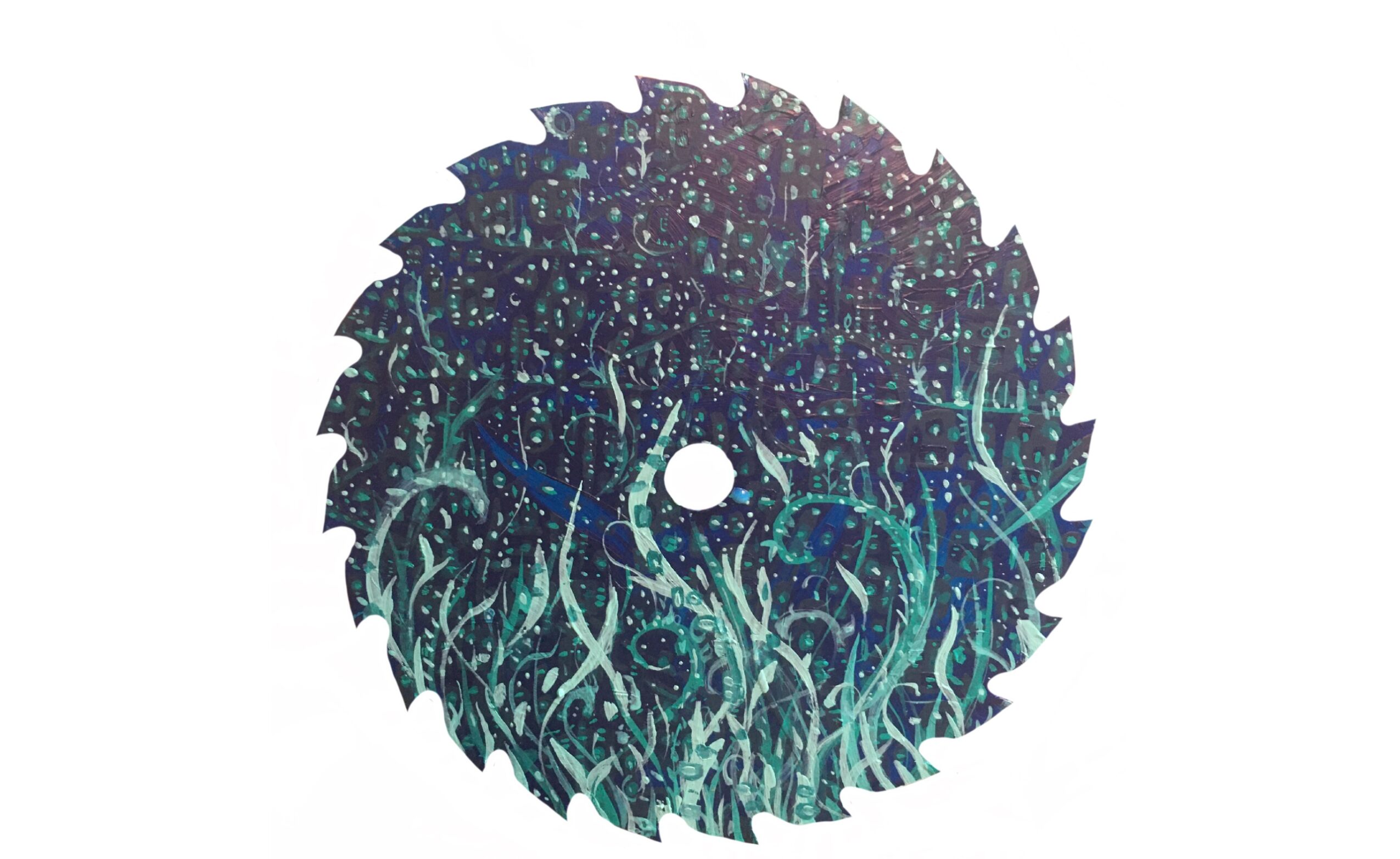 Circular saw blade with a forest scene featuring trees and stars, viewed from the side.