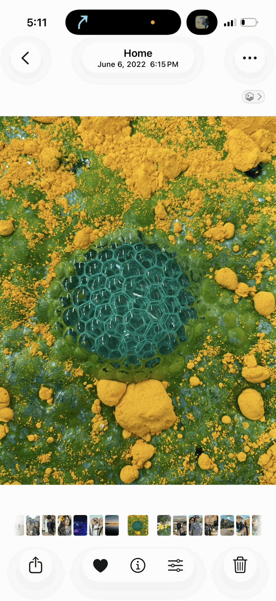 Close-up of a green and yellow textured surface with a central circular pattern and scattered yellow particles.