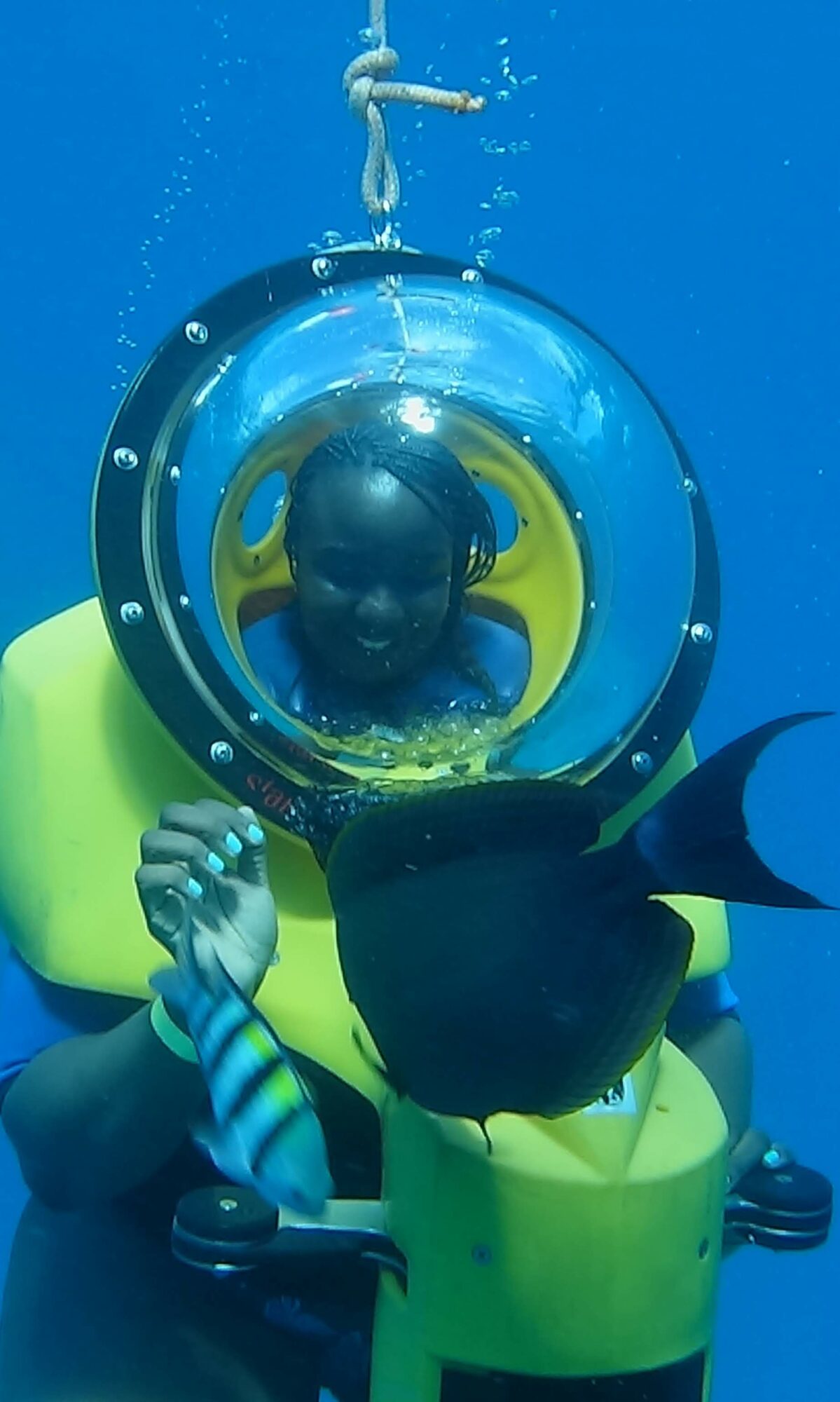 Child in a yellow flotation device underwater, looking through a circular window, holding a striped object, with a black tail visible.