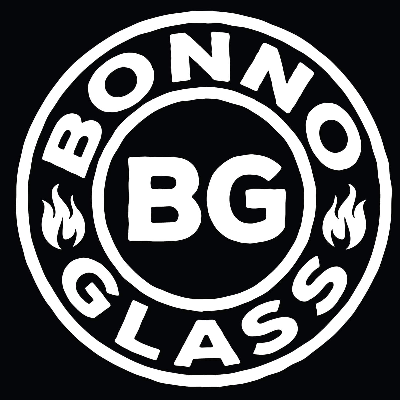 Black circular logo with white text reading 'BONNO GLASS' and a central 'BG' with flame symbols on sides.