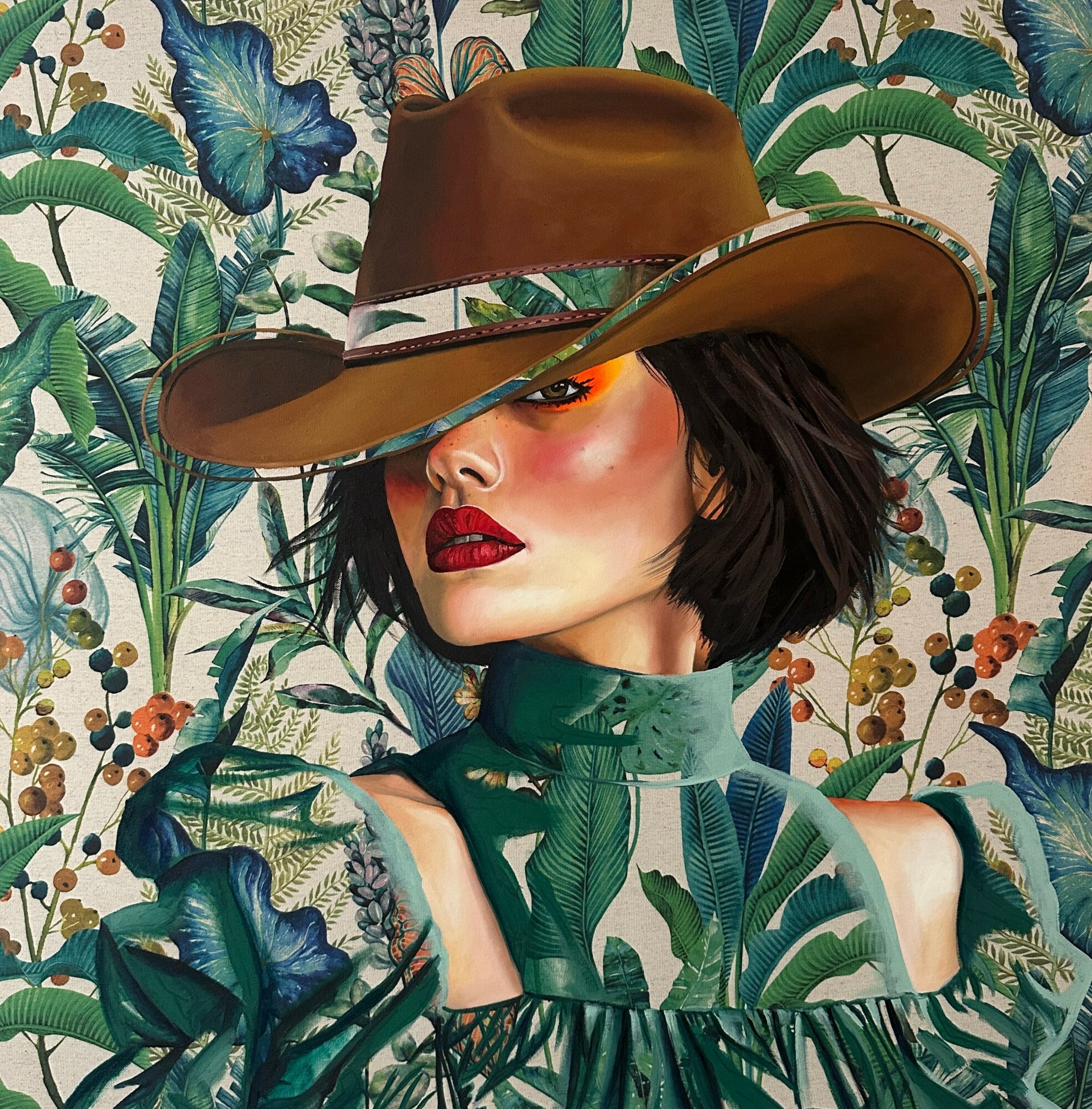 Woman with dark hair, red lipstick, wearing a large brown hat and green patterned outfit, against a botanical background.