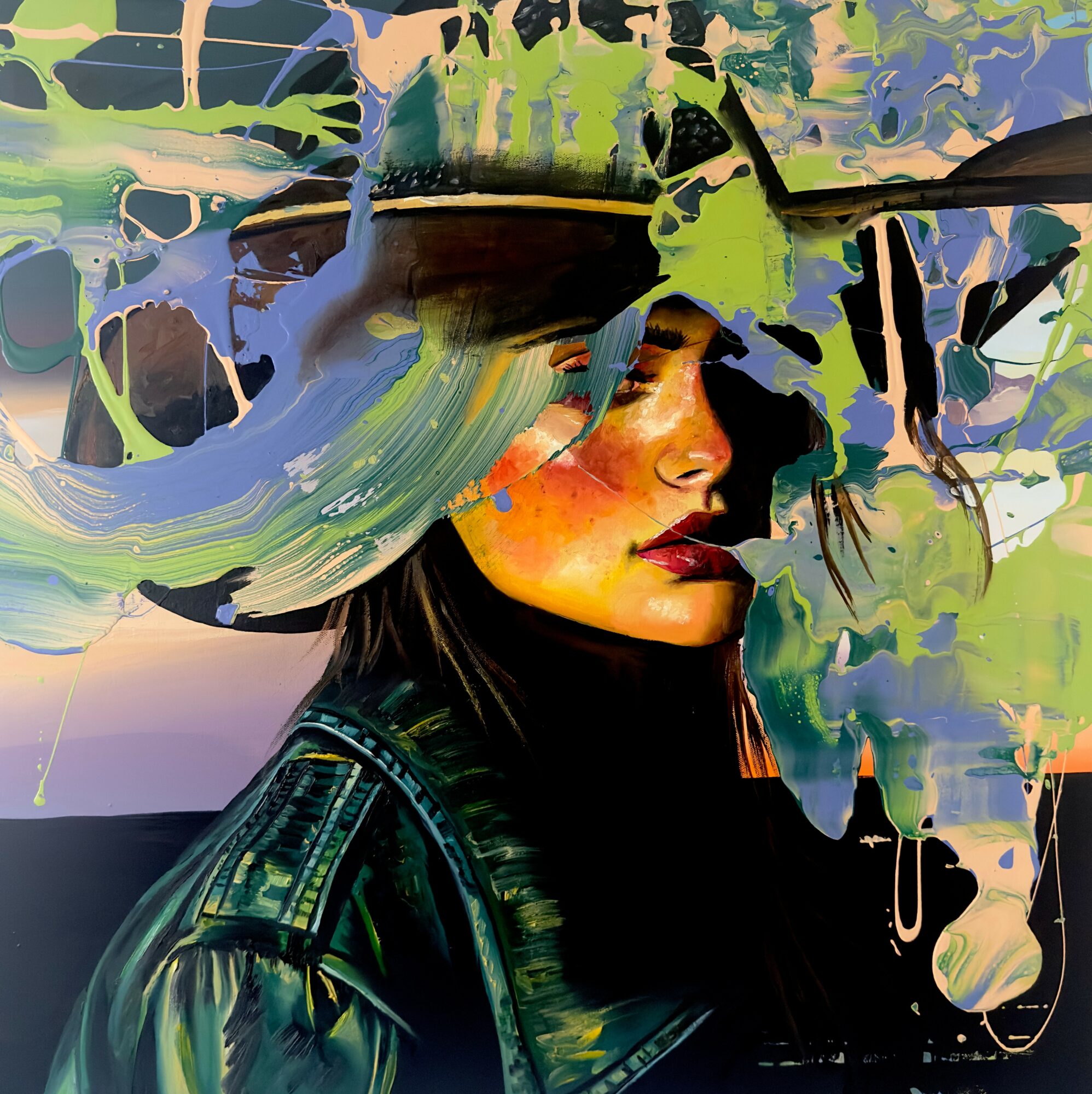 A woman wearing a large hat with abstract colorful paint splashes obscuring her face and background.