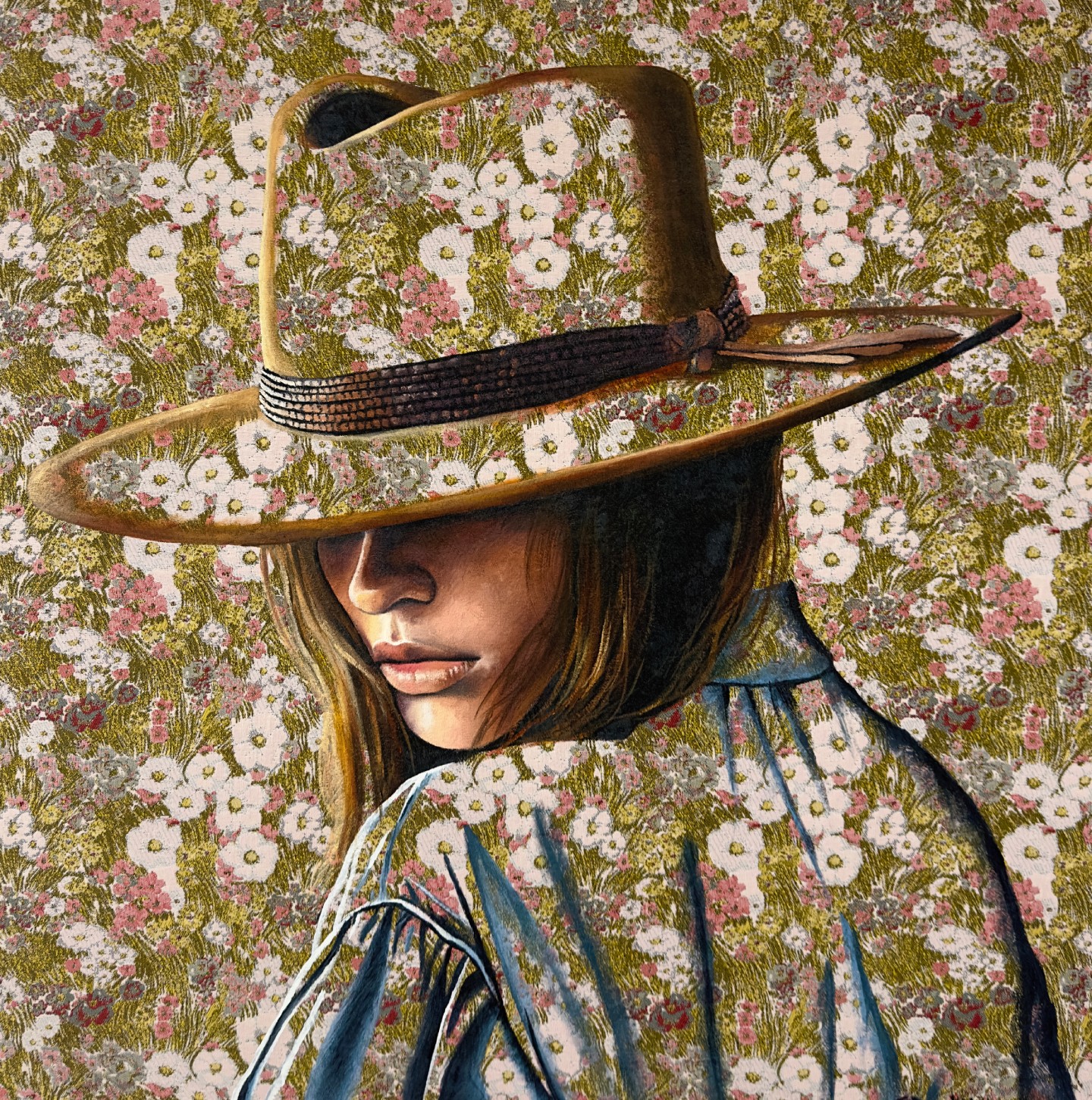 Person wearing a wide-brimmed hat with a floral pattern, looking downward, against a floral background.